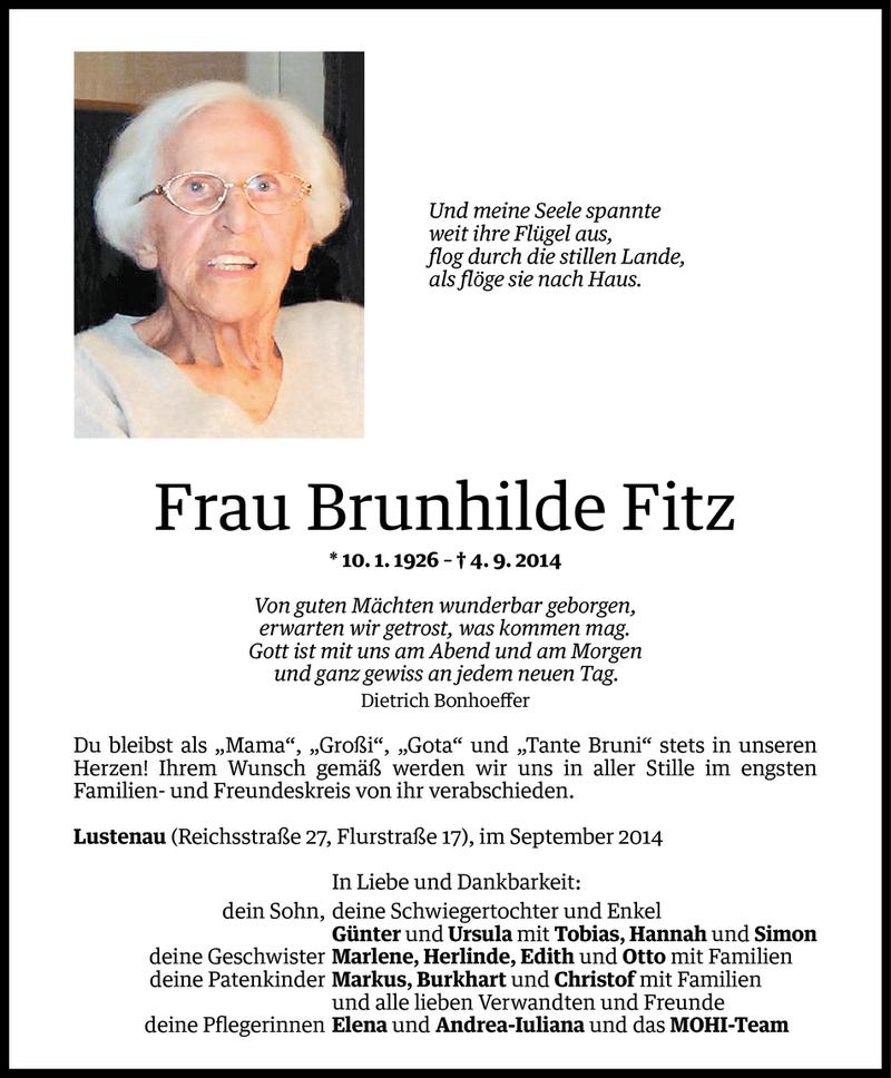  Todesanzeige für Brunhilde Fitz vom 12.09.2014 aus Vorarlberger Nachrichten