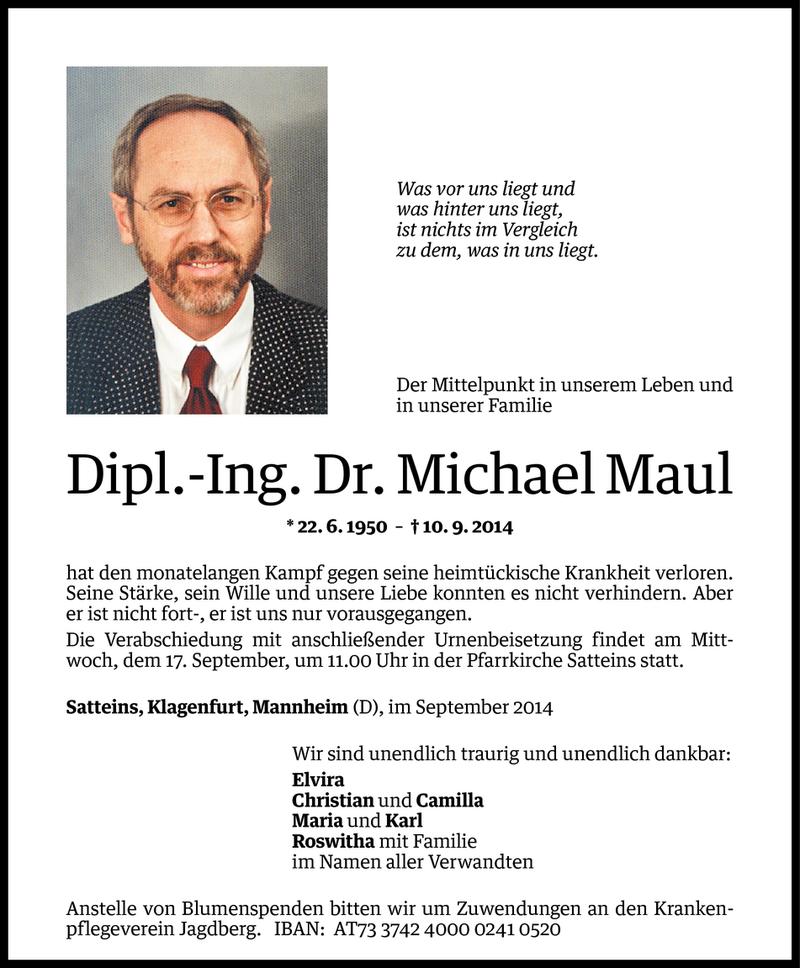  Todesanzeige für Michael Maul vom 12.09.2014 aus Vorarlberger Nachrichten