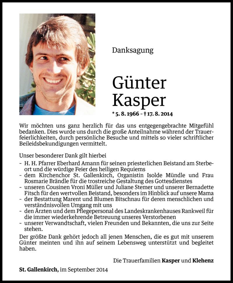  Todesanzeige für Günter Kasper vom 11.09.2014 aus Vorarlberger Nachrichten