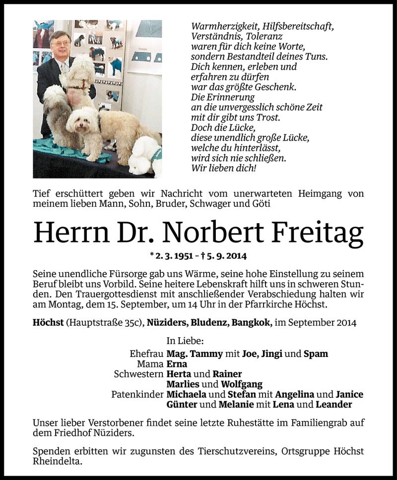  Todesanzeige für Norbert Freitag vom 11.09.2014 aus Vorarlberger Nachrichten