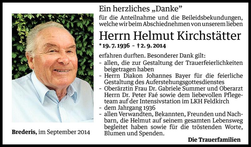  Todesanzeige für Helmut Kirchstätter vom 20.09.2014 aus Vorarlberger Nachrichten