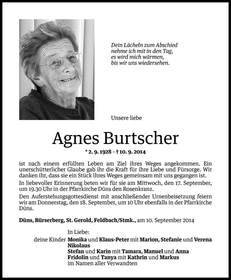  Todesanzeige für Agnes Burtscher vom 12.09.2014 aus Vorarlberger Nachrichten