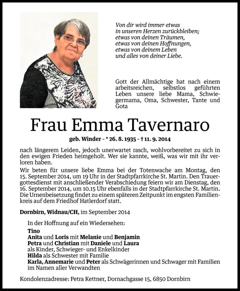  Todesanzeige für Emma Tavernaro vom 12.09.2014 aus Vorarlberger Nachrichten