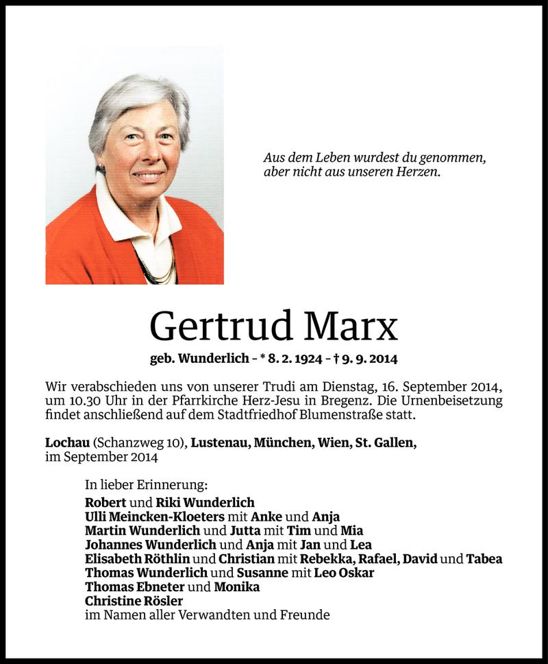  Todesanzeige für Gertrud Marx vom 12.09.2014 aus Vorarlberger Nachrichten