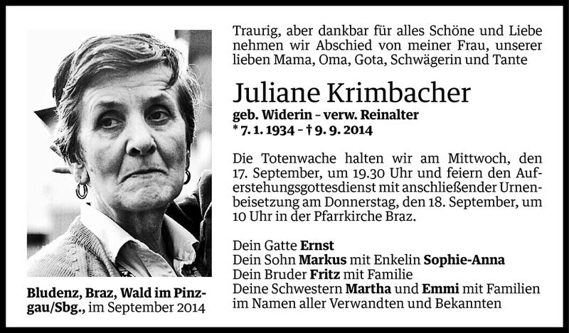  Todesanzeige für Juliane Krimbacher vom 16.09.2014 aus Vorarlberger Nachrichten