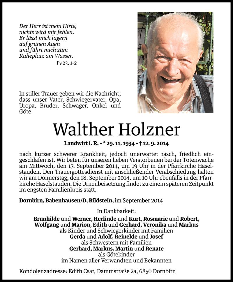  Todesanzeige für Walther Holzner vom 15.09.2014 aus Vorarlberger Nachrichten