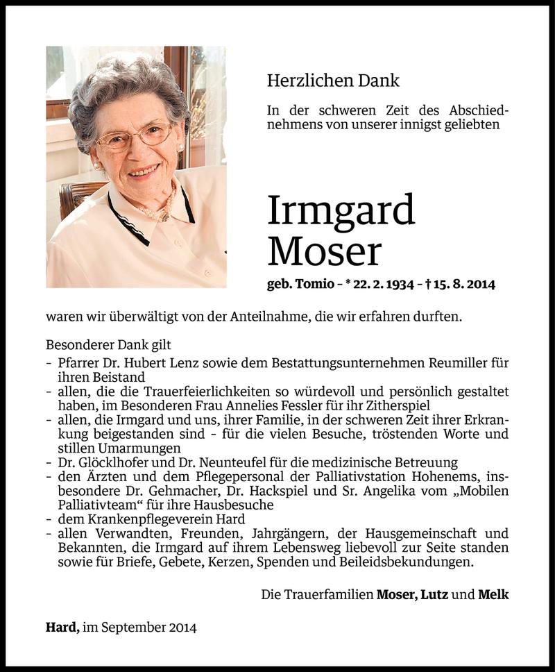  Todesanzeige für Irmgard Moser vom 16.09.2014 aus Vorarlberger Nachrichten