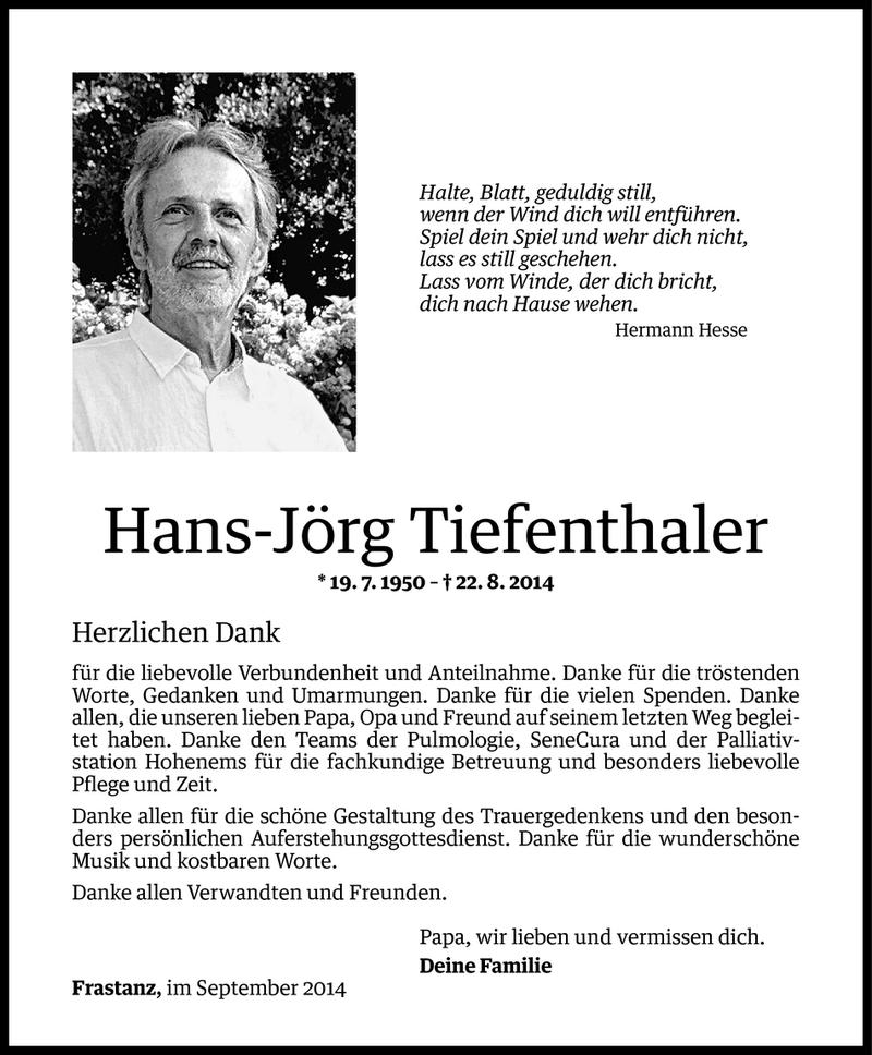  Todesanzeige für Hans-Jörg Tiefenthaler vom 19.09.2014 aus Vorarlberger Nachrichten