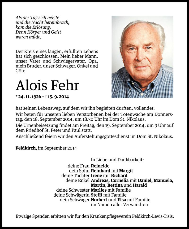  Todesanzeige für Alois Fehr vom 16.09.2014 aus Vorarlberger Nachrichten