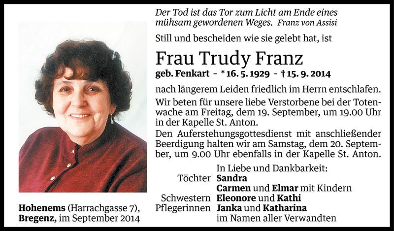  Todesanzeige für Trudy Franz vom 18.09.2014 aus Vorarlberger Nachrichten
