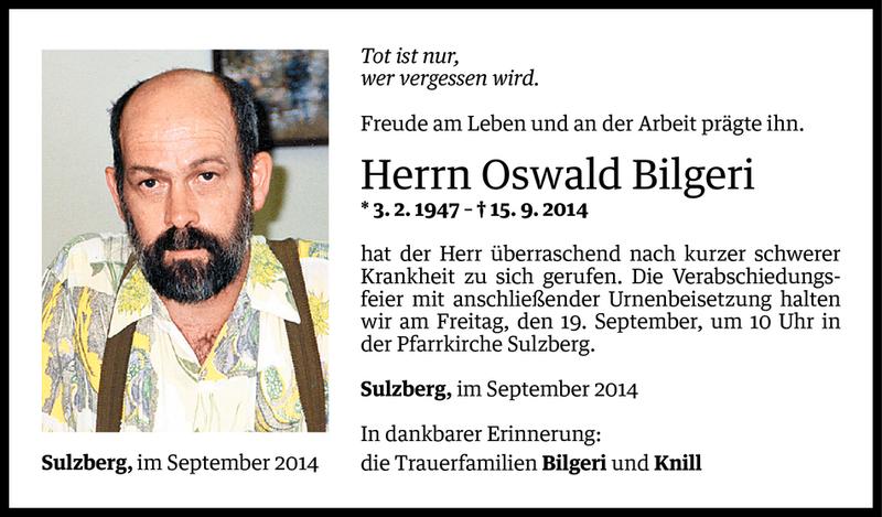  Todesanzeige für Oswald Bilgeri vom 17.09.2014 aus Vorarlberger Nachrichten