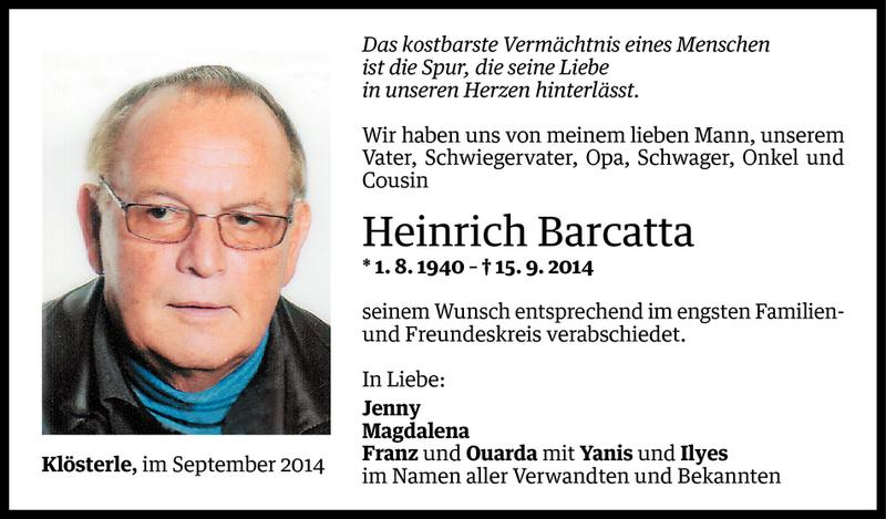  Todesanzeige für Heinrich Barcatta vom 22.09.2014 aus Vorarlberger Nachrichten