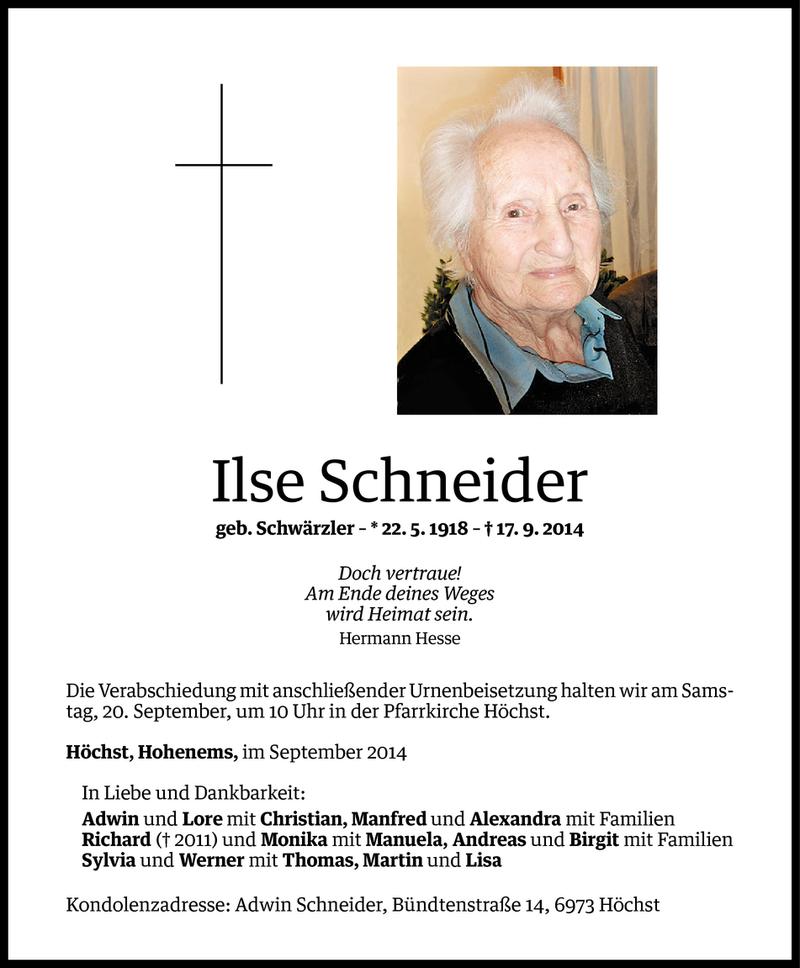  Todesanzeige für Ilse Schneider vom 17.09.2014 aus Vorarlberger Nachrichten