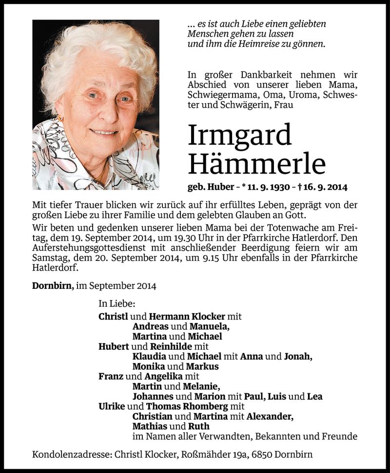  Todesanzeige für Irmgard Hämmerle vom 17.09.2014 aus Vorarlberger Nachrichten