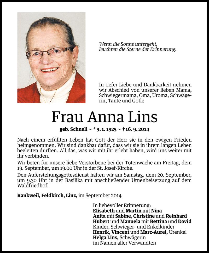  Todesanzeige für Anna Lins vom 18.09.2014 aus Vorarlberger Nachrichten