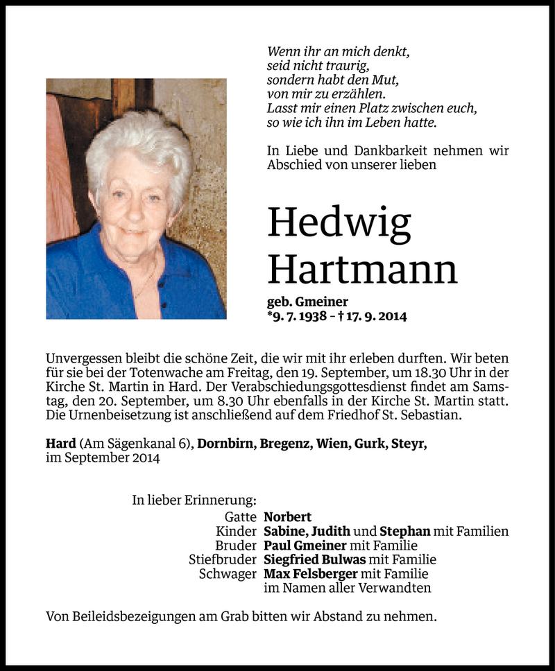  Todesanzeige für Hedwig Hartmann vom 17.09.2014 aus Vorarlberger Nachrichten