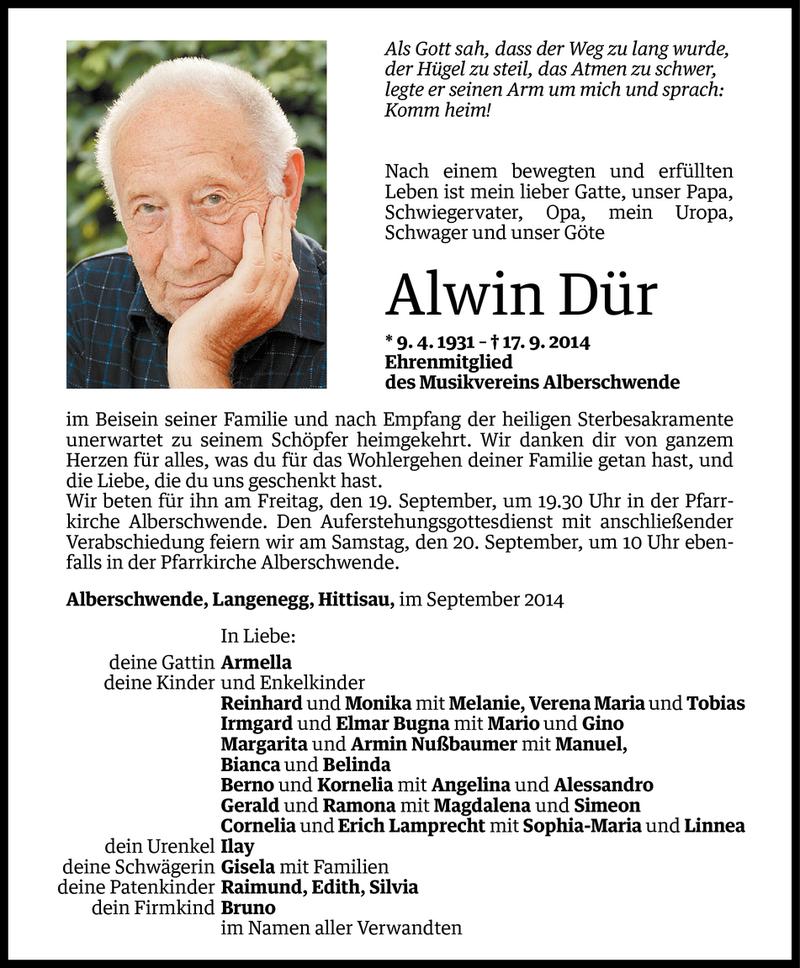  Todesanzeige für Alwin Dür vom 18.09.2014 aus Vorarlberger Nachrichten