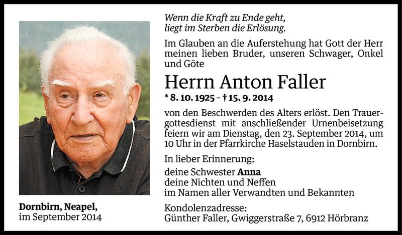  Todesanzeige für Anton Faller vom 19.09.2014 aus Vorarlberger Nachrichten