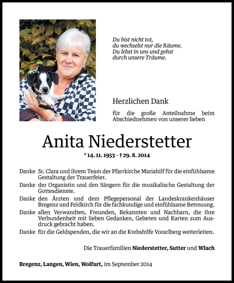  Todesanzeige für Anita Niederstetter vom 18.09.2014 aus Vorarlberger Nachrichten