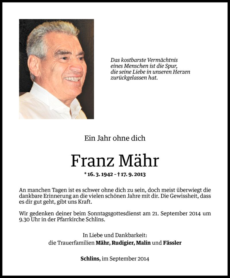  Todesanzeige für Franz Mähr vom 19.09.2014 aus Vorarlberger Nachrichten