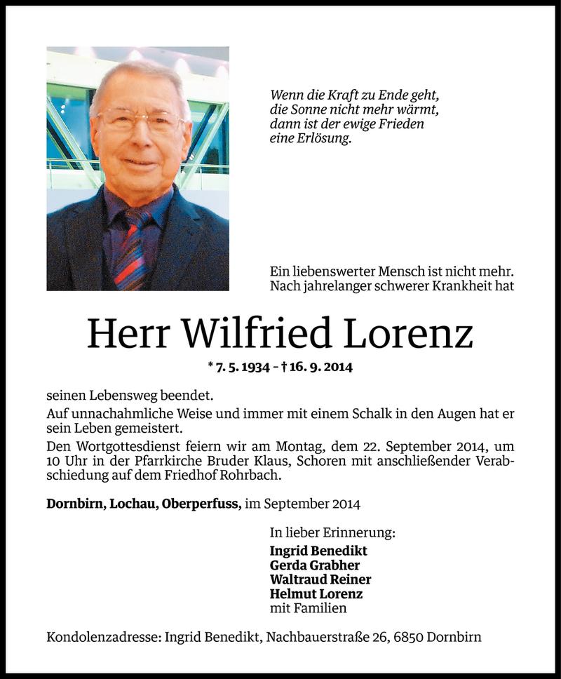  Todesanzeige für Wilfried Lorenz vom 19.09.2014 aus Vorarlberger Nachrichten
