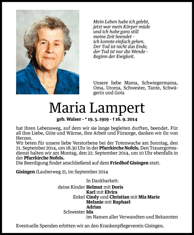  Todesanzeige für Maria Lampert vom 19.09.2014 aus Vorarlberger Nachrichten