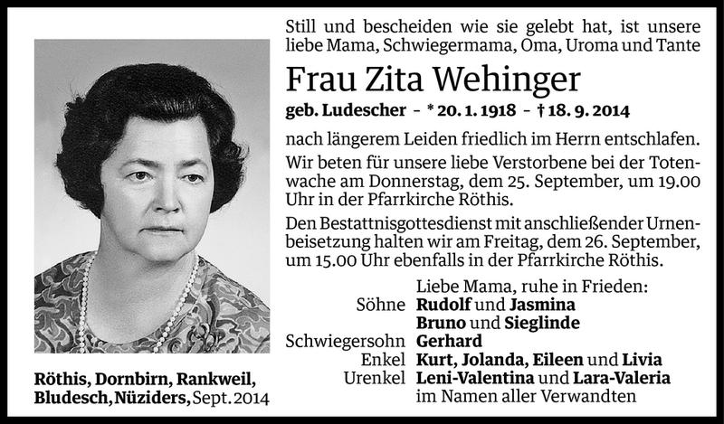  Todesanzeige für Zita Wehinger vom 22.09.2014 aus Vorarlberger Nachrichten