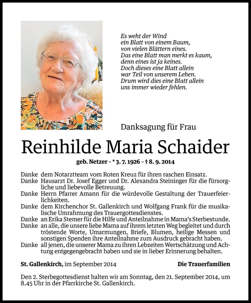  Todesanzeige für Reinhilde Maria Schaider vom 19.09.2014 aus Vorarlberger Nachrichten