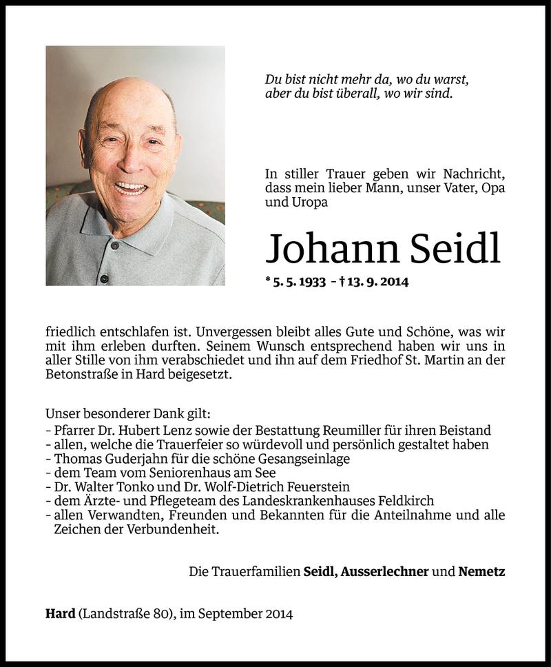  Todesanzeige für Johann Seidl vom 21.09.2014 aus Vorarlberger Nachrichten