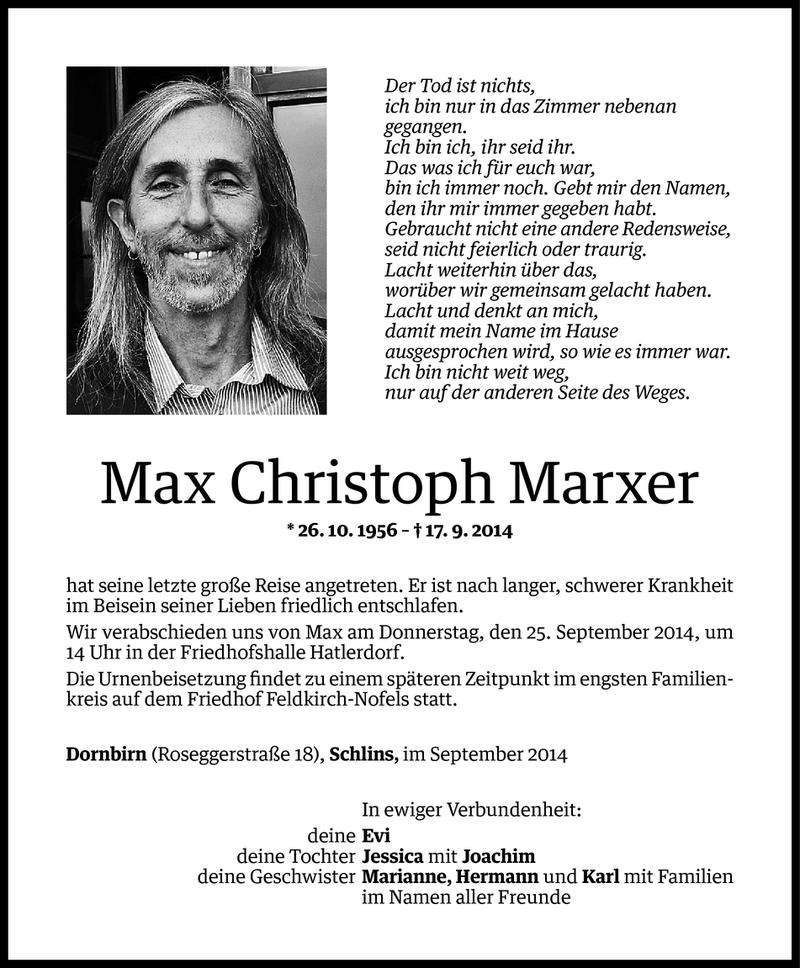  Todesanzeige für Max Christoph Marxer vom 21.09.2014 aus Vorarlberger Nachrichten