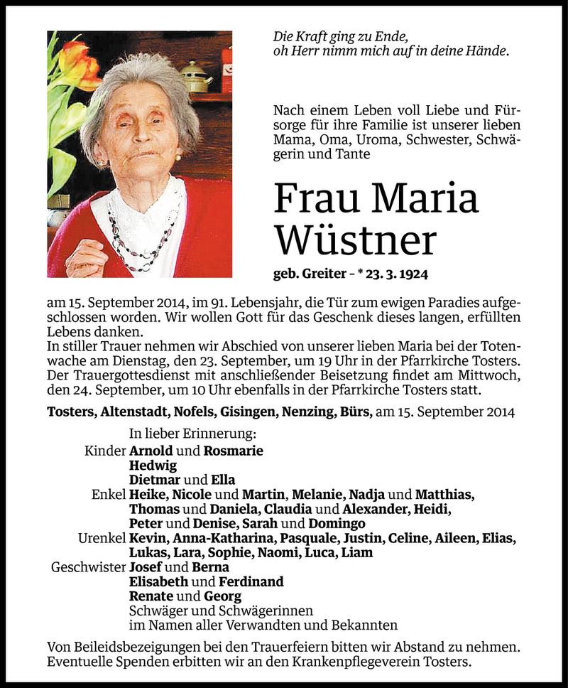  Todesanzeige für Maria Wüstner vom 21.09.2014 aus Vorarlberger Nachrichten