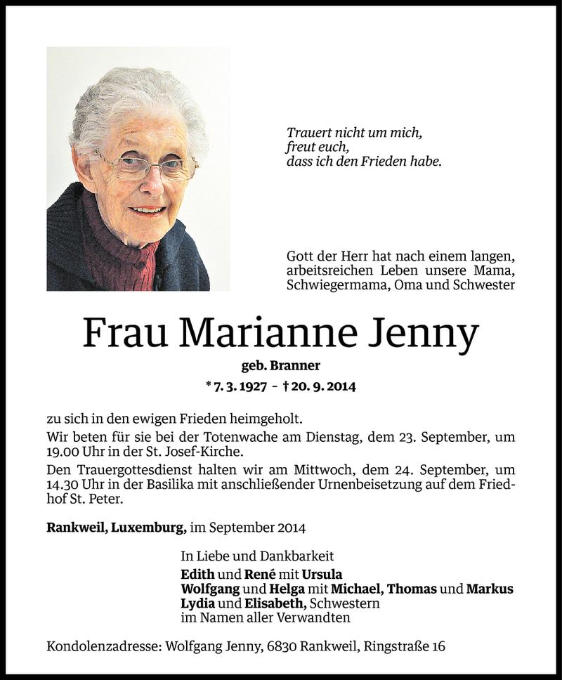  Todesanzeige für Marianne Jenny vom 22.09.2014 aus Vorarlberger Nachrichten