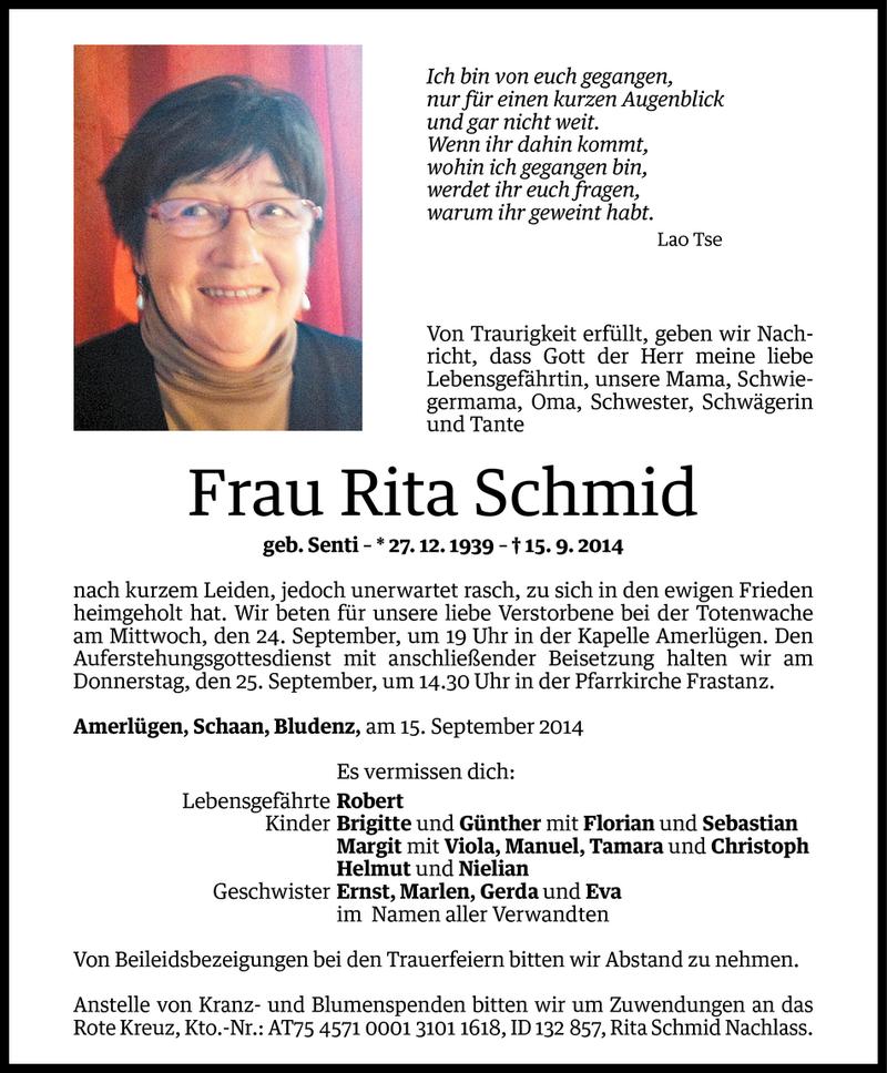  Todesanzeige für Rita Schmid vom 22.09.2014 aus Vorarlberger Nachrichten