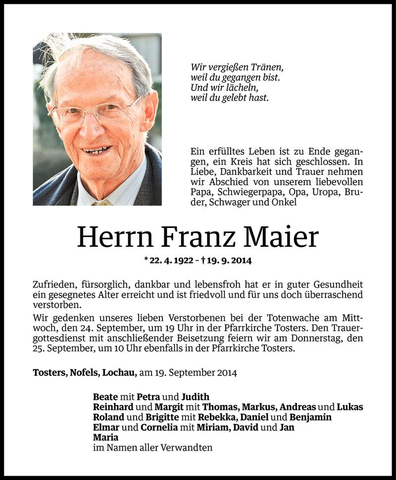 Todesanzeige für Franz Maier vom 22.09.2014 aus Vorarlberger Nachrichten