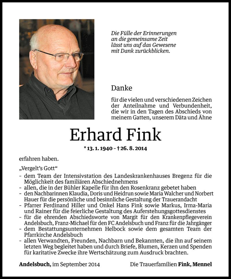  Todesanzeige für Erhard Fink vom 23.09.2014 aus Vorarlberger Nachrichten