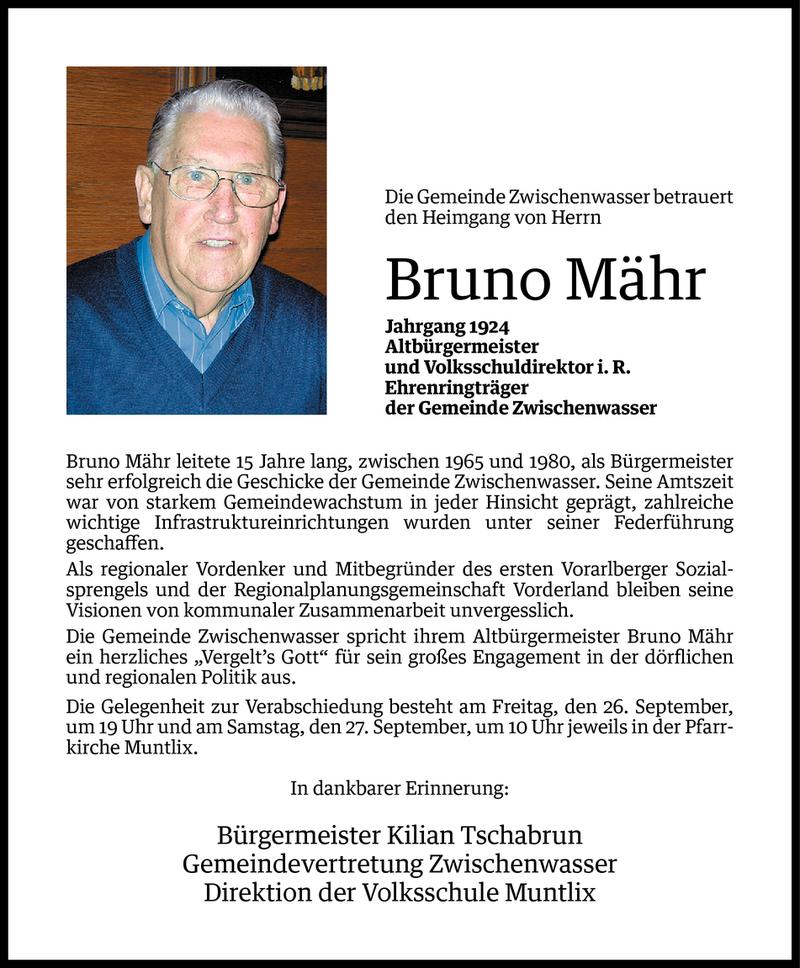  Todesanzeige für Bruno Mähr vom 23.09.2014 aus Vorarlberger Nachrichten