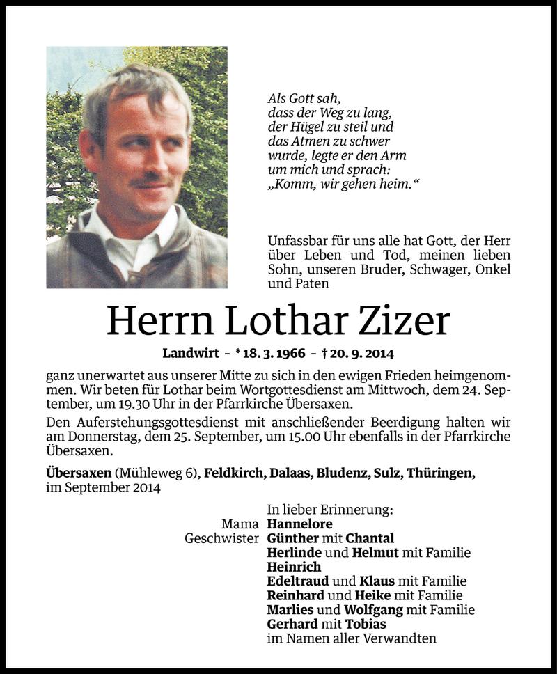  Todesanzeige für Lothar Zizer vom 23.09.2014 aus Vorarlberger Nachrichten