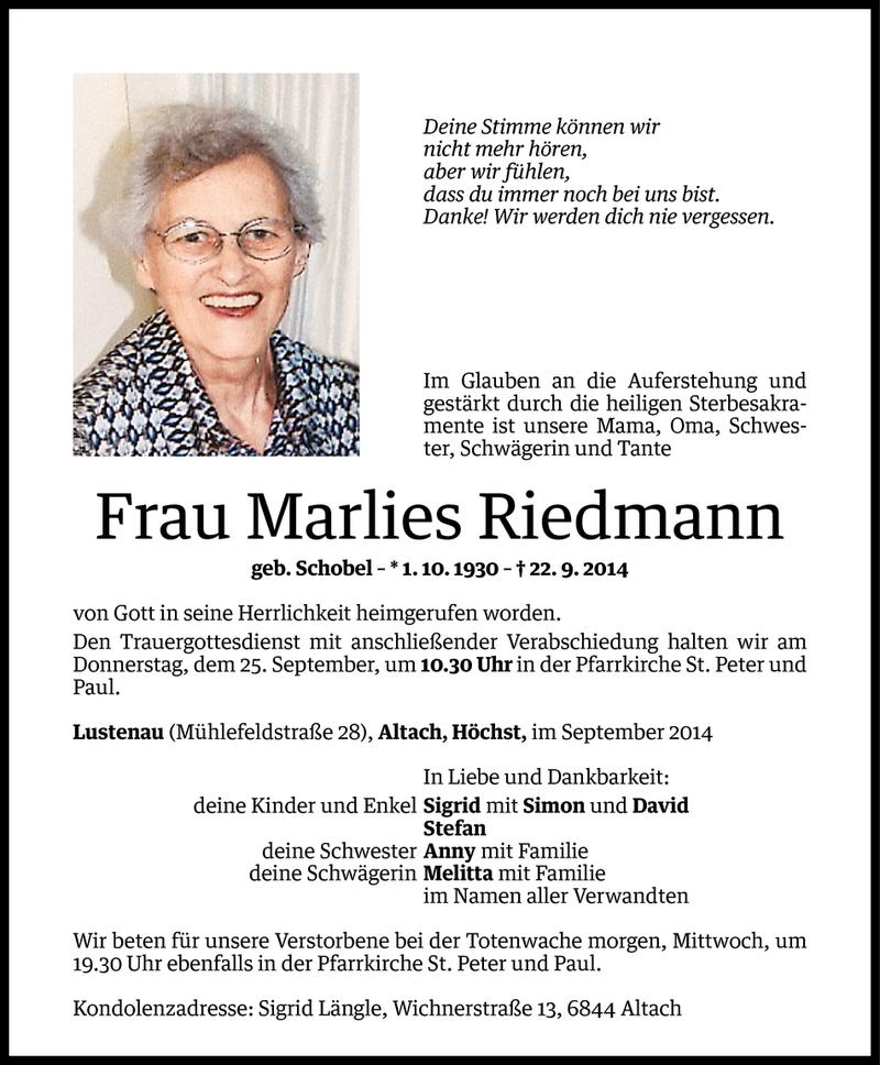  Todesanzeige für Marlies Riedmann vom 22.09.2014 aus Vorarlberger Nachrichten