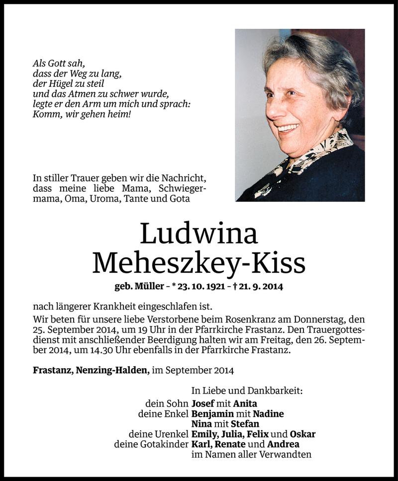  Todesanzeige für Ludwina Meheszkey-Kiss vom 23.09.2014 aus Vorarlberger Nachrichten