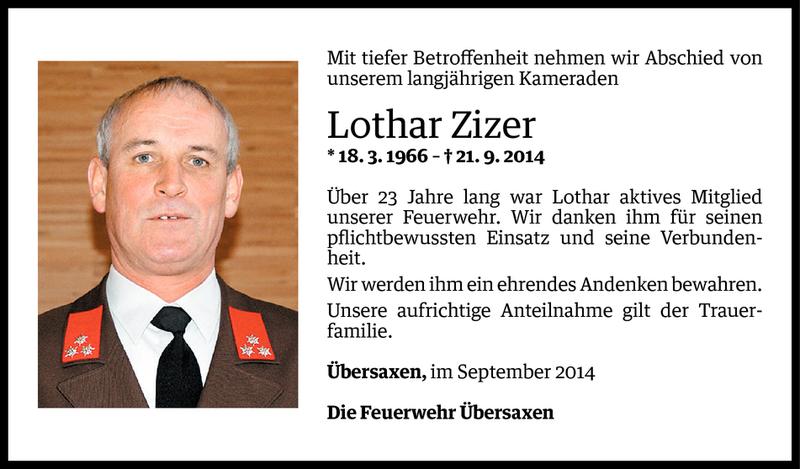  Todesanzeige für Lothar Zizer vom 23.09.2014 aus Vorarlberger Nachrichten