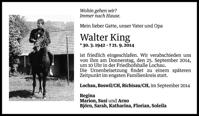  Todesanzeige für Walter King vom 24.09.2014 aus Vorarlberger Nachrichten