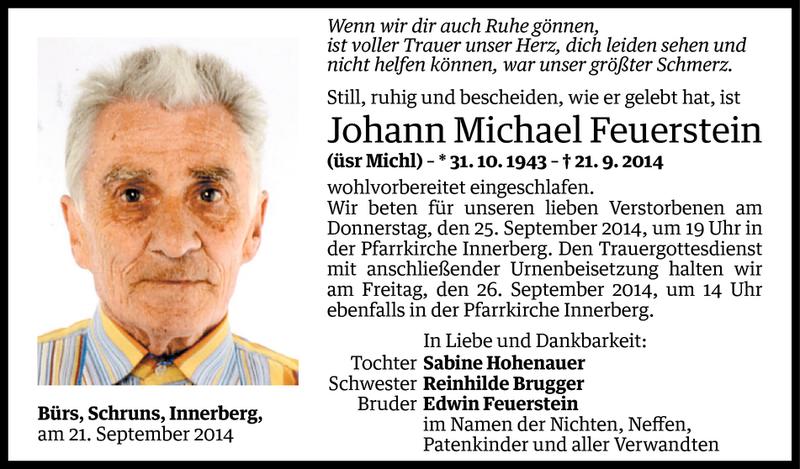  Todesanzeige für Johann Michael Feuerstein vom 23.09.2014 aus Vorarlberger Nachrichten