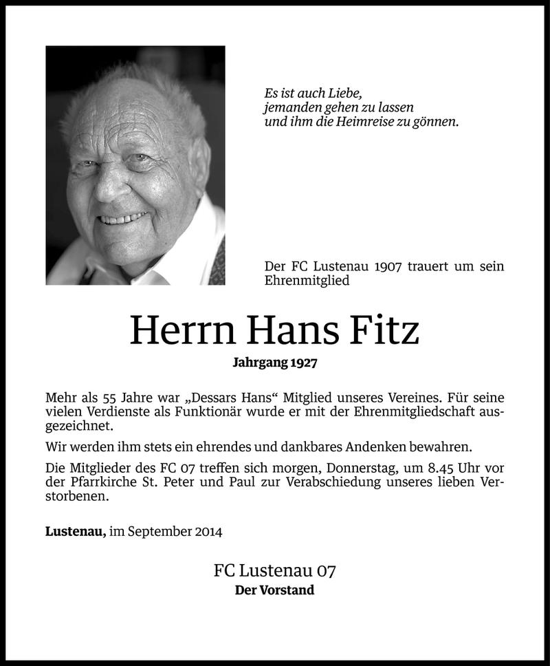  Todesanzeige für Hans Fitz vom 23.09.2014 aus Vorarlberger Nachrichten