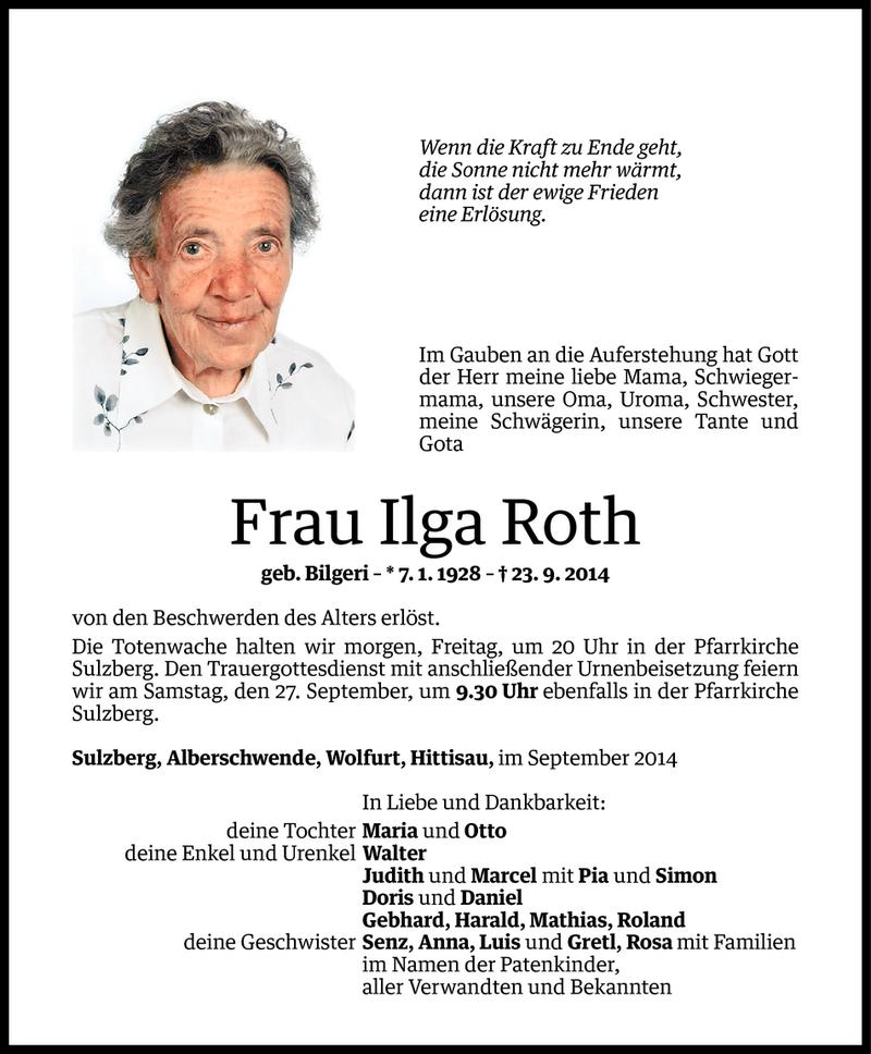  Todesanzeige für Ilga Roth vom 24.09.2014 aus Vorarlberger Nachrichten