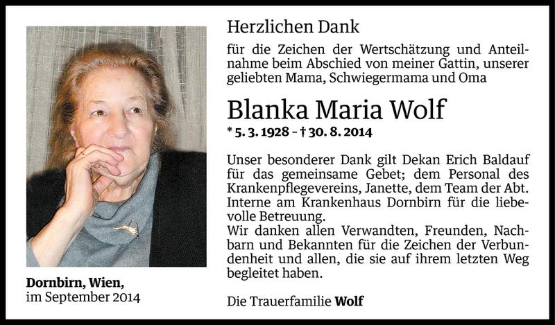  Todesanzeige für Blanka Maria Wolf vom 24.09.2014 aus Vorarlberger Nachrichten