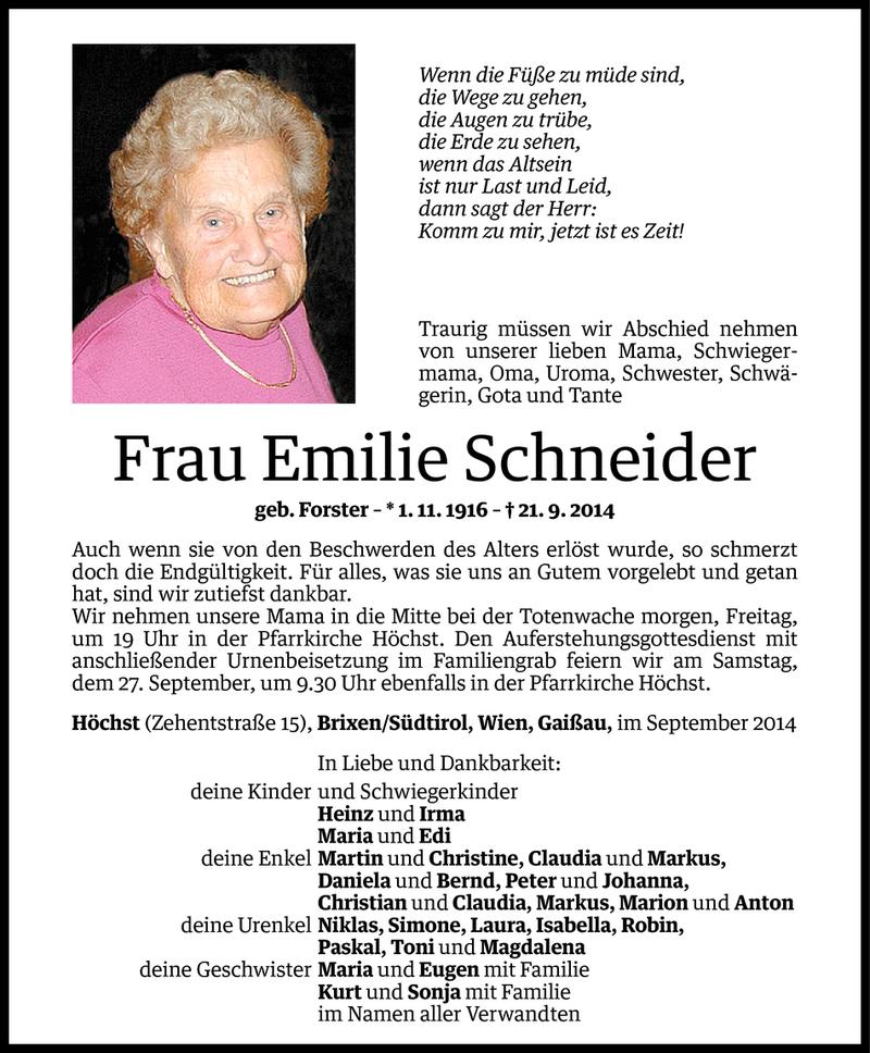  Todesanzeige für Emilie Schneider vom 24.09.2014 aus Vorarlberger Nachrichten