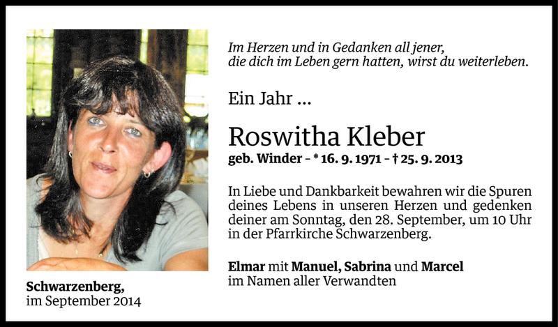  Todesanzeige für Roswitha Kleber vom 24.09.2014 aus Vorarlberger Nachrichten