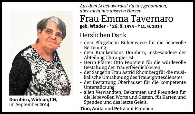  Todesanzeige für Emma Tavernaro vom 26.09.2014 aus Vorarlberger Nachrichten