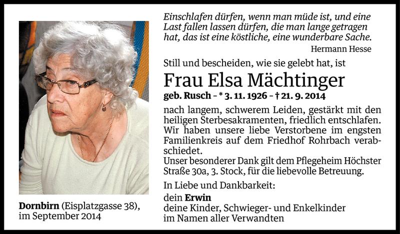  Todesanzeige für Elsa Mächtinger vom 27.09.2014 aus Vorarlberger Nachrichten