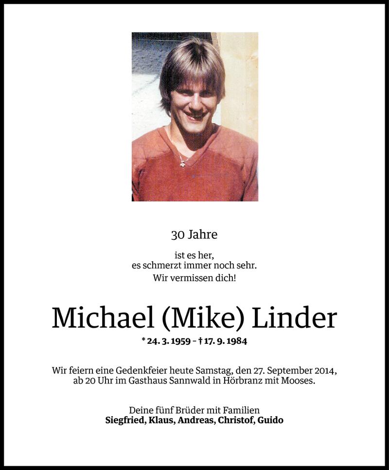  Todesanzeige für Michael Linder vom 26.09.2014 aus Vorarlberger Nachrichten